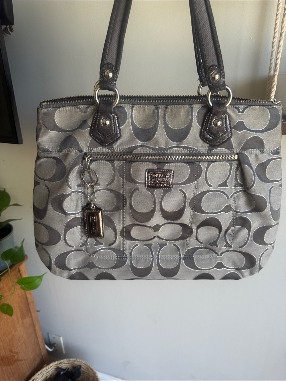 Coach Poppy Gray Signature Jacquard Tote with Dark Trim silver threading